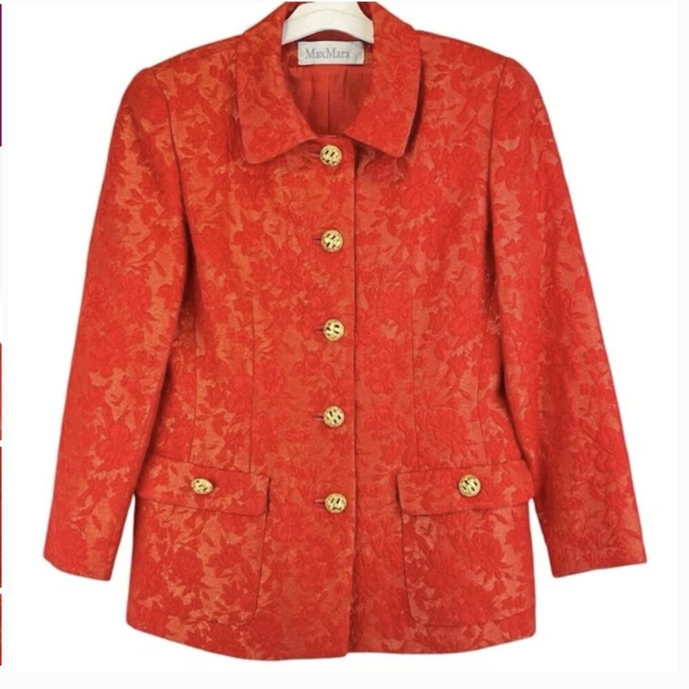 VTG MAXMARA Brocade Wool Blend Blazer Gold Shimmer Reddish Orange Textured Sz M